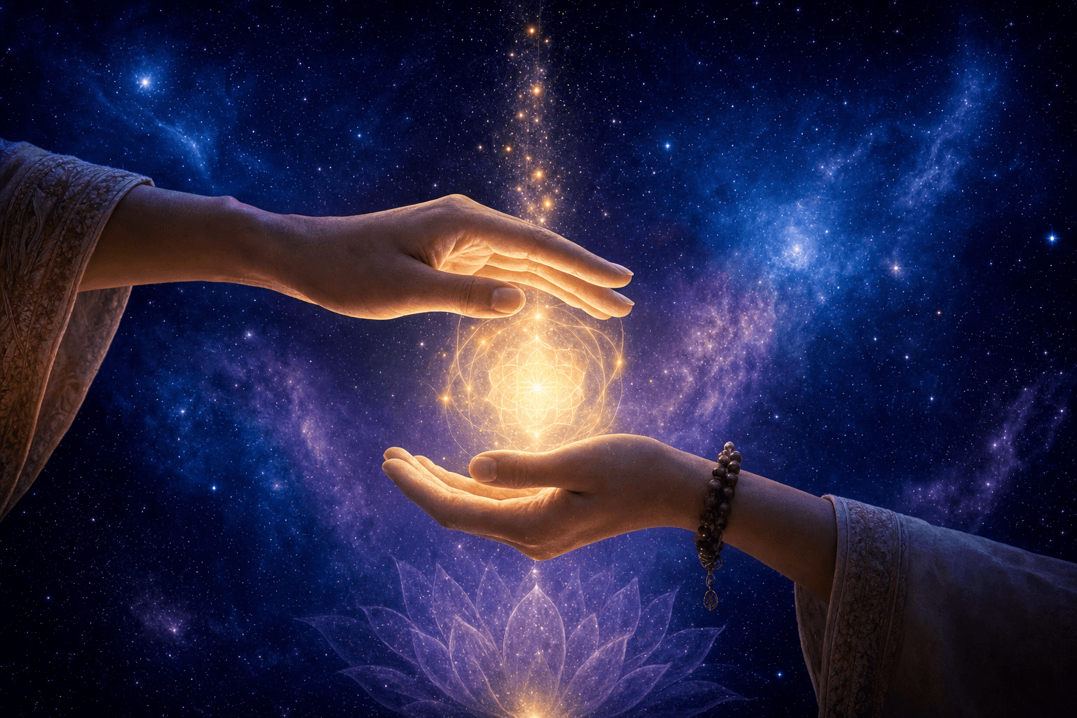 Manos en posición de meditación con suave resplandor dorado para Reiki Usui principiantes