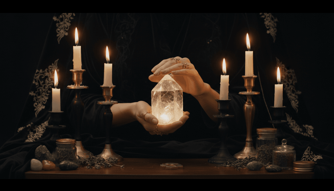Hands holding a glowing quartz crystal with candlelight in a mystical setting