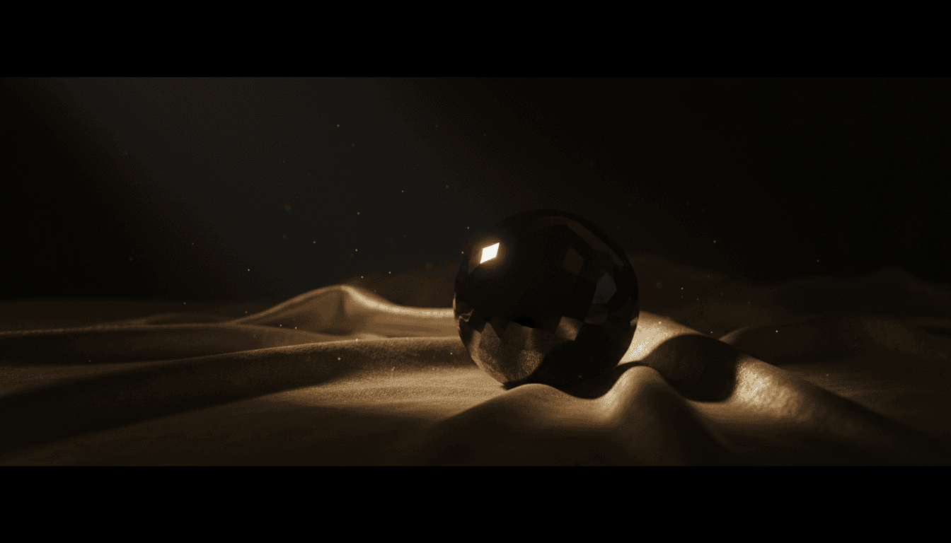 Esfera de cristal negro sobre tela dorada con reflejos suaves