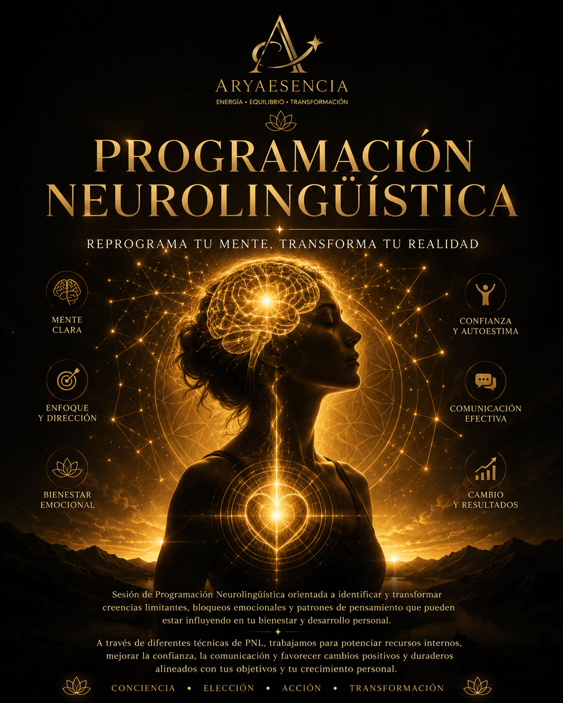 Cartel dorado de programación neurolingüística mostrando una silueta femenina con mente y corazón iluminados.