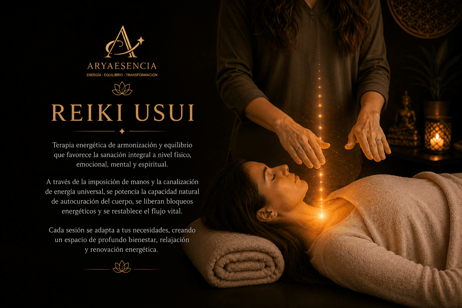 Manos canalizando energía dorada sobre una mujer durante una sesión terapéutica de Reiki Usui.