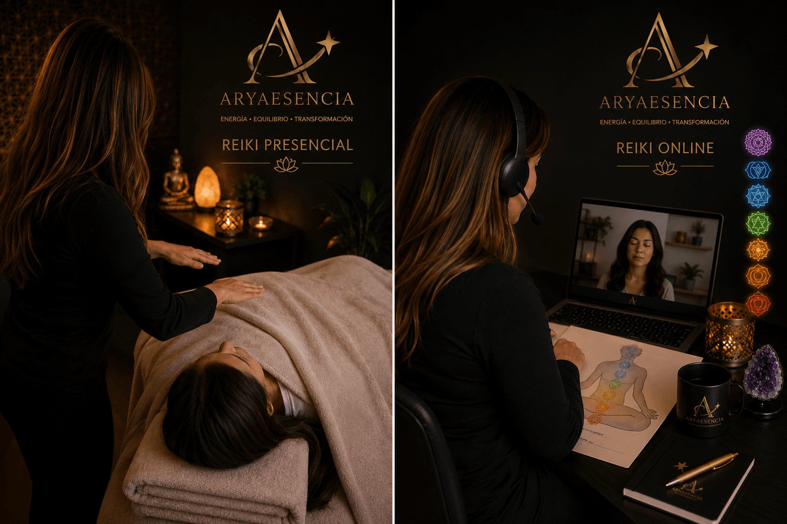 Comparativa de Reiki presencial y online de AryaEsencia con terapeuta, paciente y diagramas de chakras.