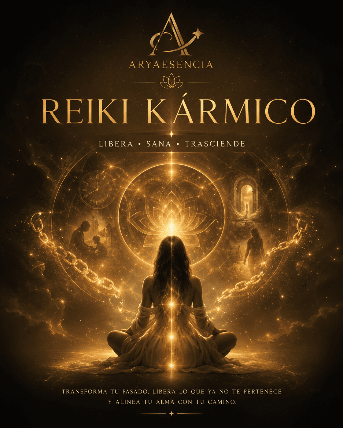 Mujer meditando frente a un loto dorado radiante con cadenas rotas y Reiki Kármico.
