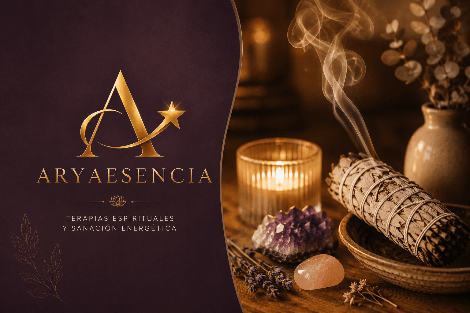 Logo de AryaEsencia con salvia humeante, vela, amatista y cuarzo rosa para terapias espirituales.