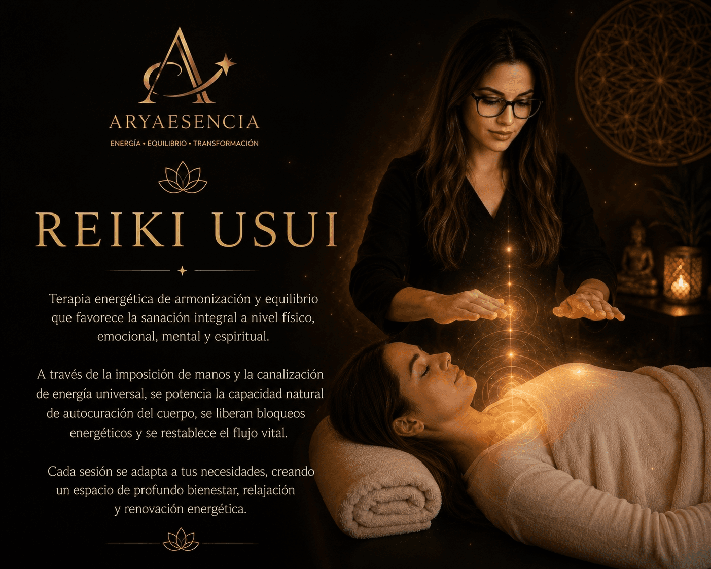 Terapeuta de Reiki Usui canalizando energía luminosa sobre una mujer relajada durante una sesión sanadora.