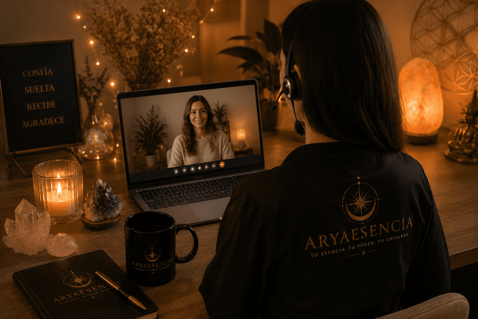 Mujer en videollamada espiritual con cristales, velas y lámpara de sal en un ambiente cálido.