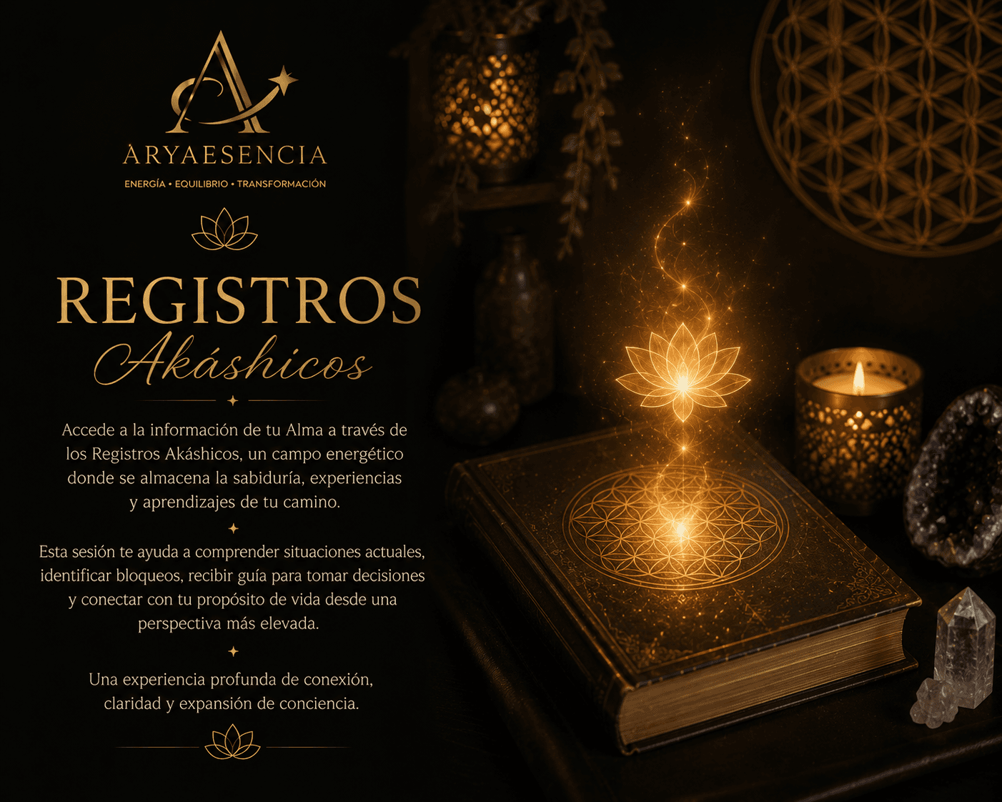 Libro místico con flor de loto brillante y cristales sobre Registros Akáshicos de Aryaesencia.